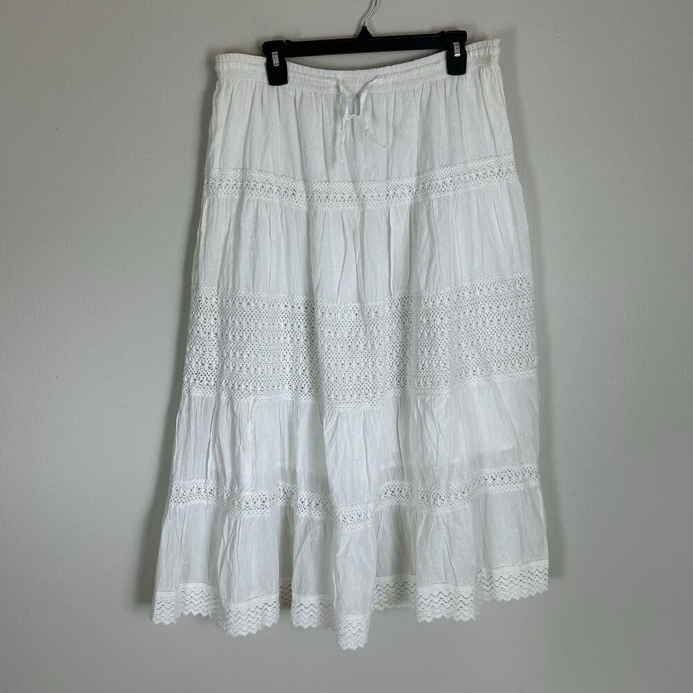 Crochet White Skirt Maxi Size XL Ivory Tiered Broomstick Tassel Lace Cottage